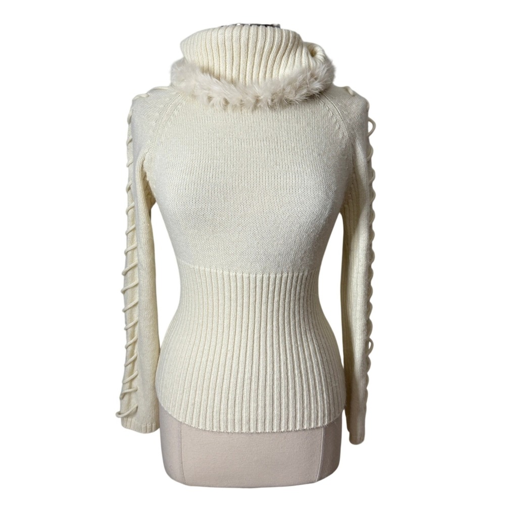 Renee L Womens Cream Faux Fur Trim Lace Up Sleeve Turtleneck Sweater Size M L